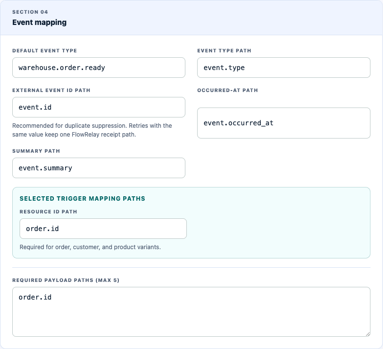 FlowRelay endpoint form showing event type, external event ID, occurred-at, summary, Shopify resource ID, and required payload path fields.