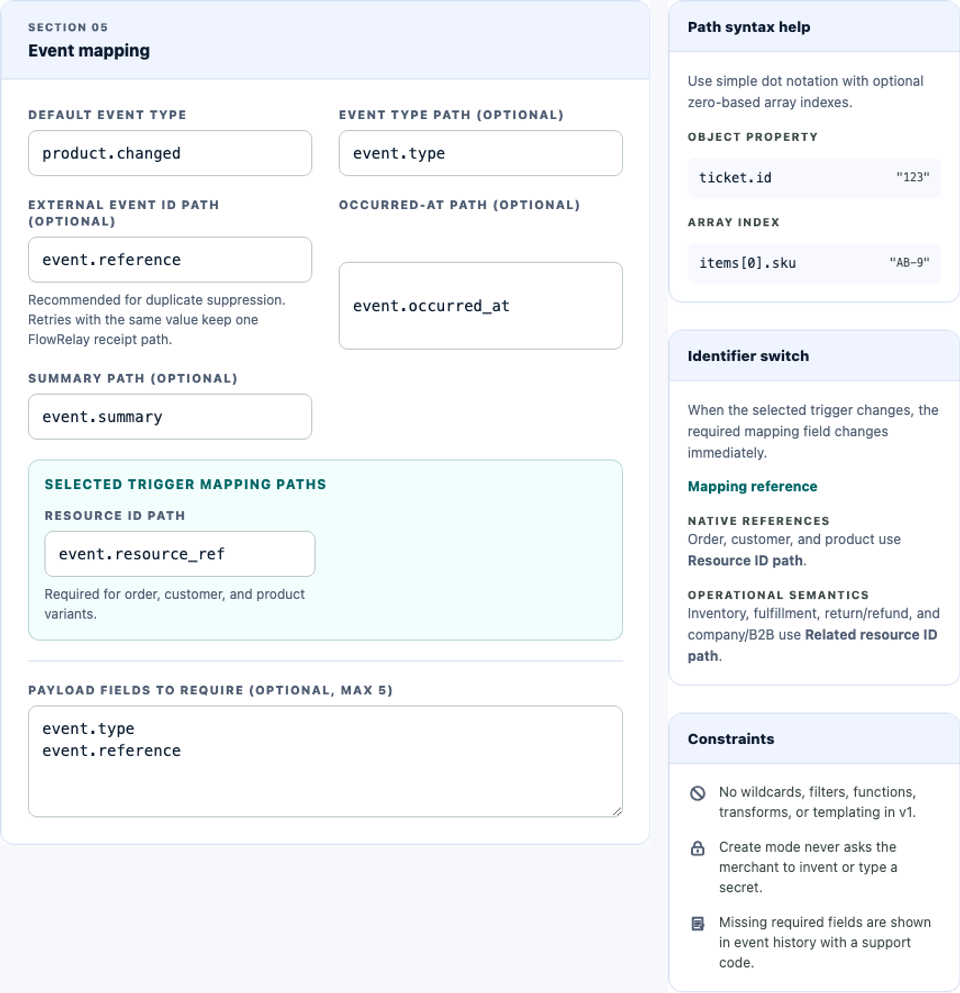 FlowRelay Create endpoint screen with Advanced authentication and mapping open, showing event type, JSON paths, Shopify resource ID path, and required payload fields.